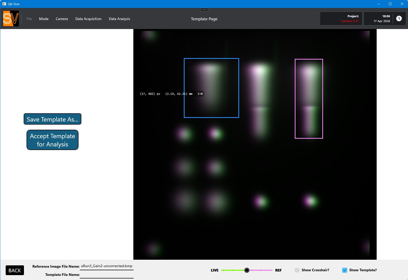 QA-Tron template page with rectangular ROIs drawn around wedge regions on the scintillation image, with Save Template and Accept Template for Analysis buttons.